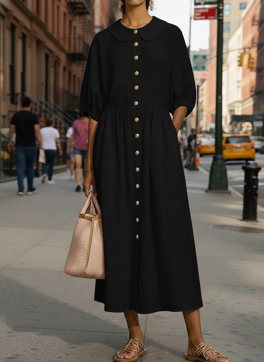 New Arrivals🔥Women's Comfortable Peter Pan Collar Button Loose Linen and Cotton Dress