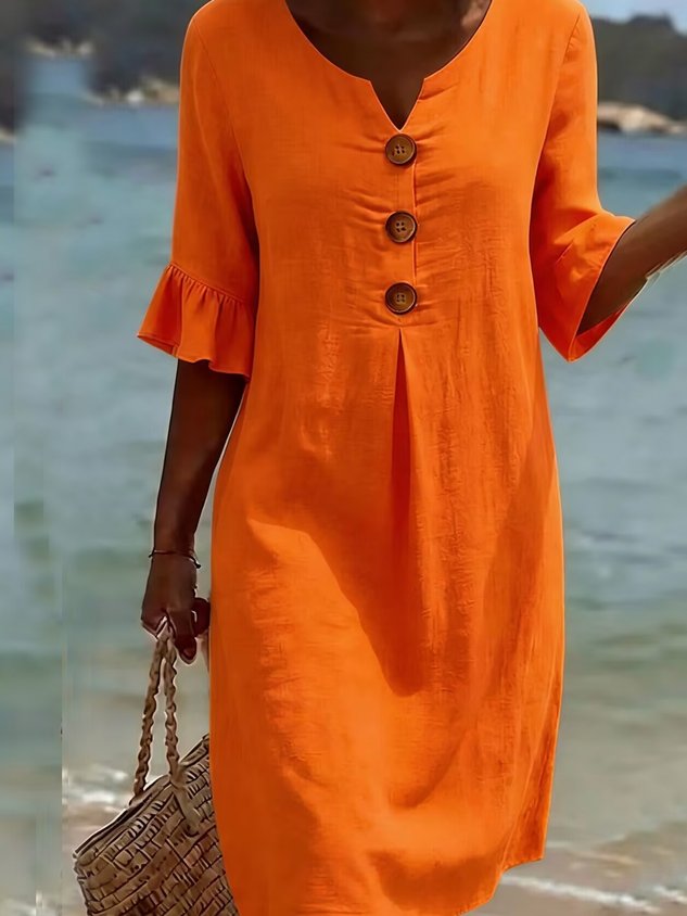 Cotton Plain V Neck Short Sleeve Button Casual Regular Fit Dress