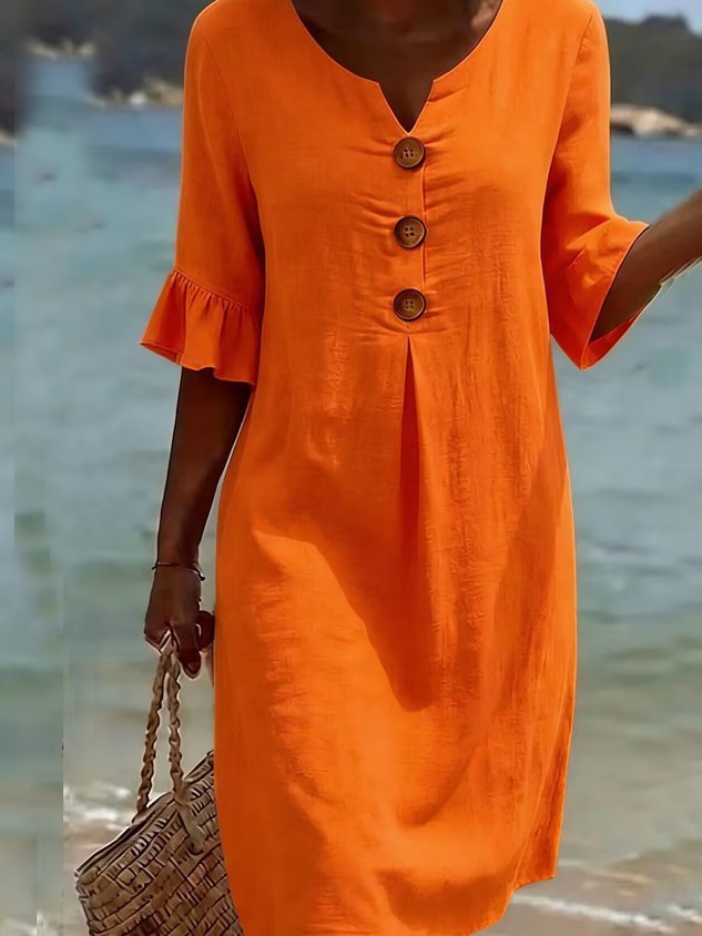 Cotton Plain V Neck Short Sleeve Button Casual Regular Fit Dress