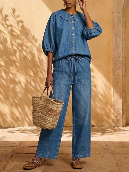 New Arrivals🔥 Stylish Peter Pan Collar Shirt and Wide-leg Pant Denim Two-piece Set