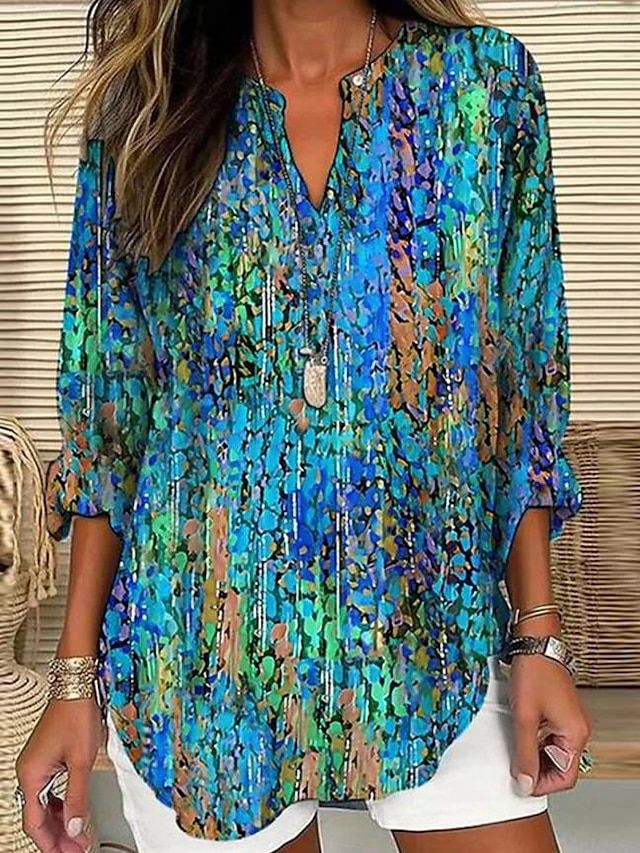 Women's Cotton Retro Color-block Floral Art Print Neck Solid Color Loose Beach Shirt