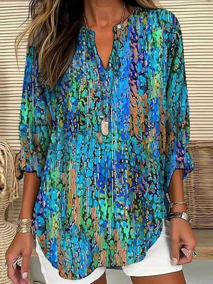 Women's Cotton Retro Color-block Floral Art Print Neck Solid Color Loose Beach Shirt