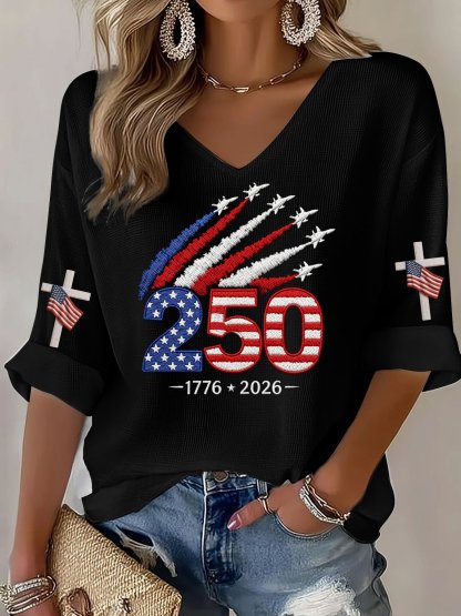 Women’s USA 250th Anniversary Print Waffle Knit V-Neck T-Shirt