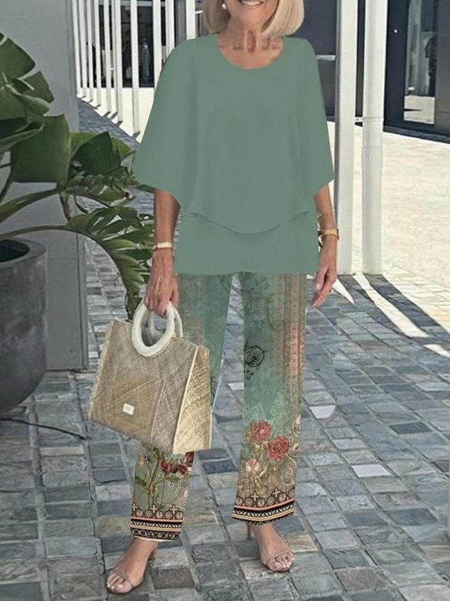 Bell Sleeve Crew Neck Casual Loose Two-Piece Set