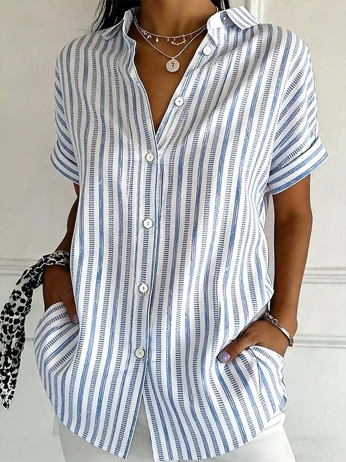 Women's Casual Collared Striped Print Shirt