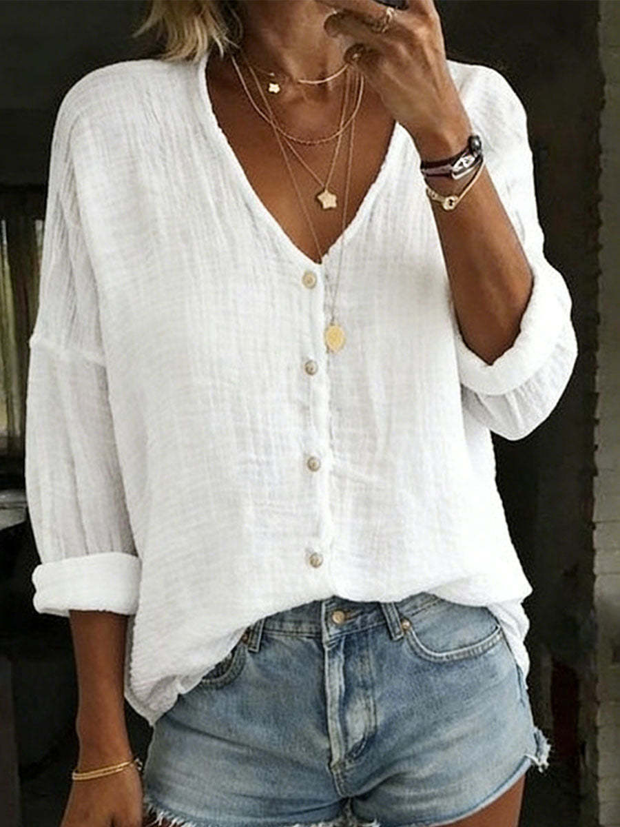 Women's Cotton Linen Loose Solid Color Long-sleeved Shirt