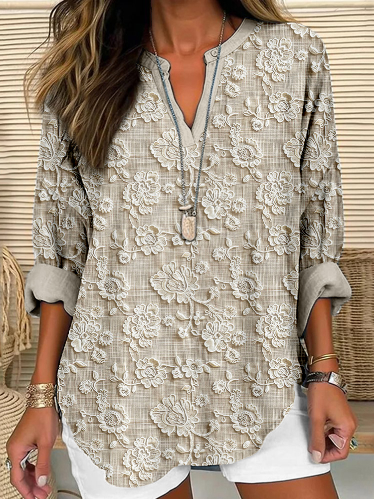Vintage Floral Lace Embroidered Linen Blend Cozy Shirt