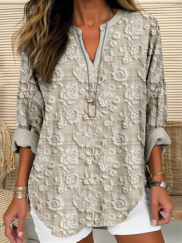 Vintage Floral Lace Embroidered Linen Blend Cozy Shirt