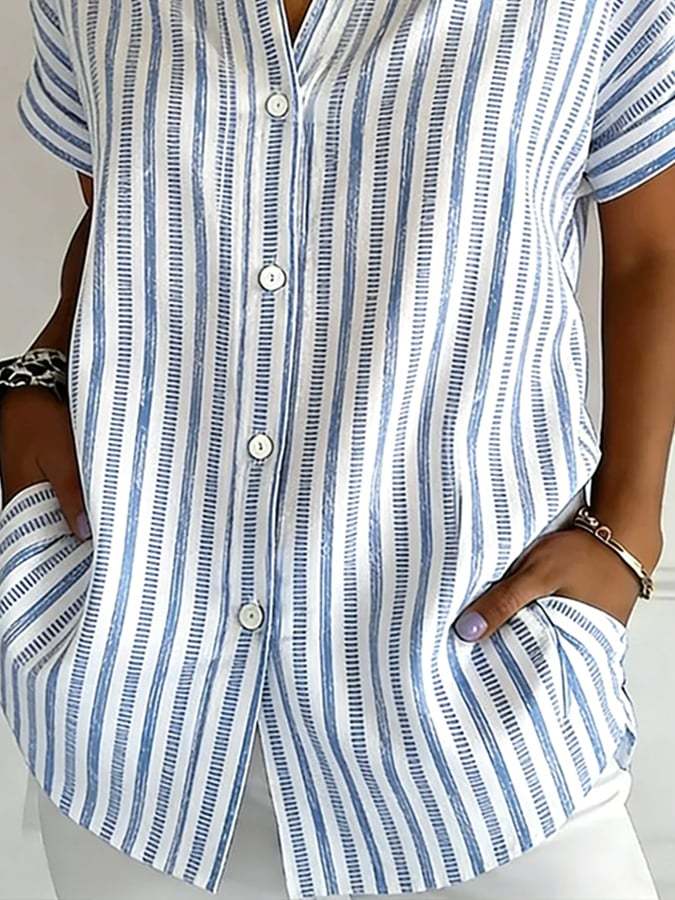 Women's Casual Collared Striped Print Shirt