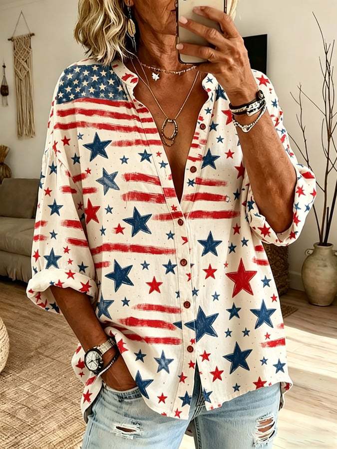 Women's Retro Flag Art Print Casual Shirt