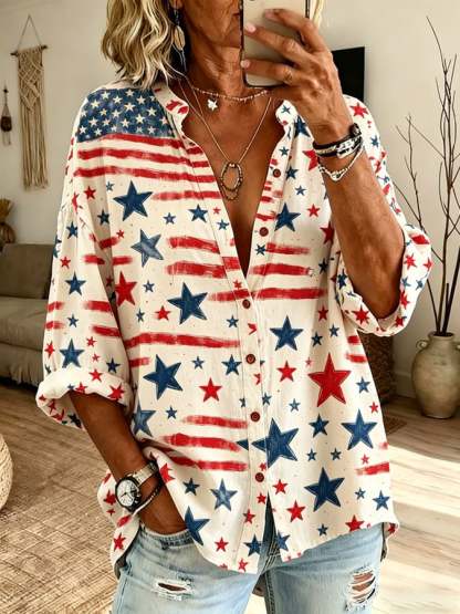 Women's Retro Flag Art Print Casual Shirt