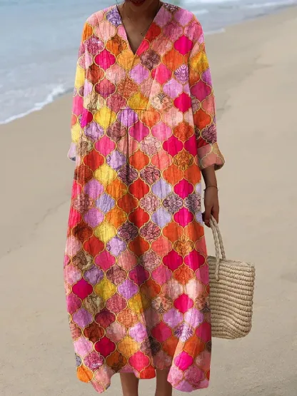 Women's Vintage Geometric Pattern Art Print Cotton Dress