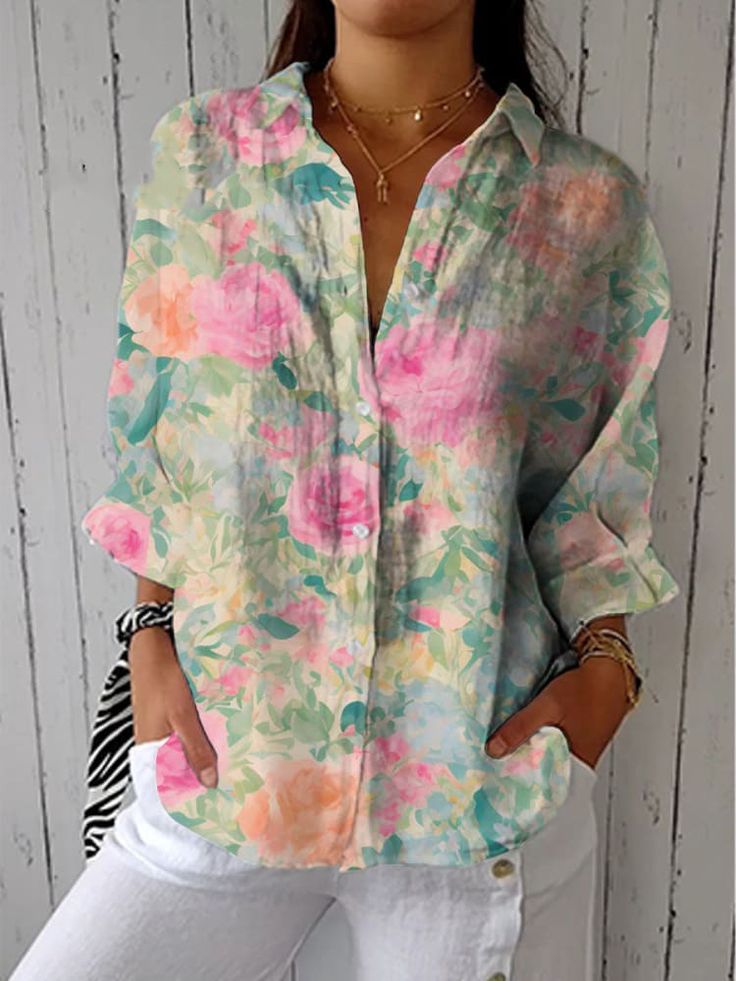 Women's Vintage Art Flower Print Casual Linen V-neck Shirt