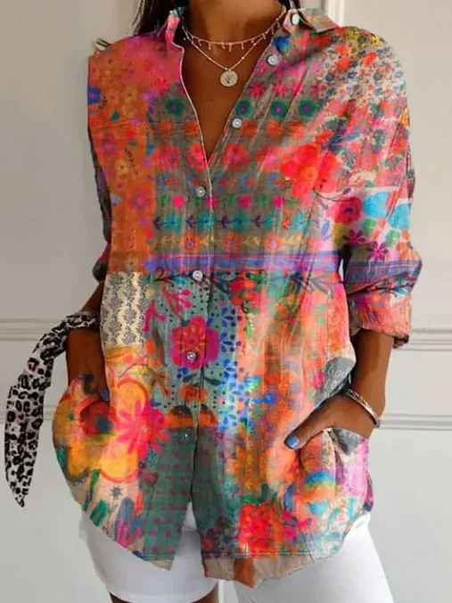 Women's Three Quarter Sleeve Shirt Spring/Fall As Picture Floral Printing Shirt Collar Daily Going Out Casual Top