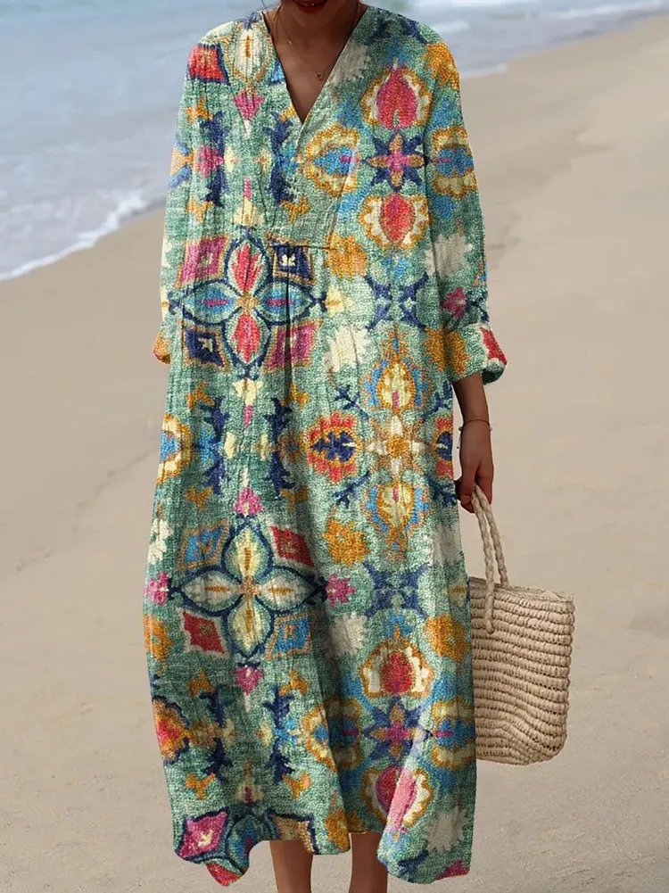 Women's Vintage Geometric Pattern Art Print Cotton Dress