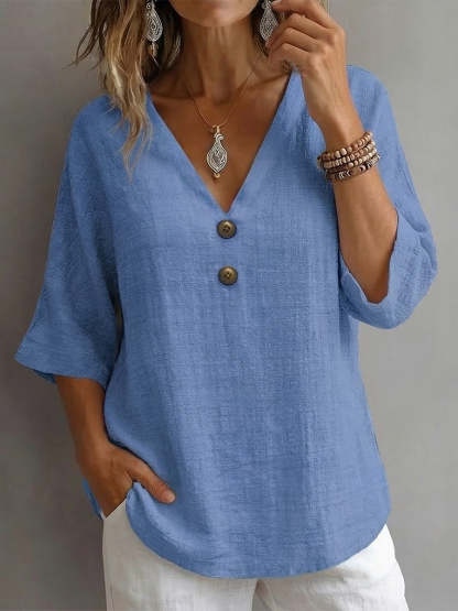 Women's V-neck Short-sleeve Cotton Linen Shirt