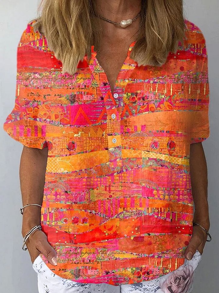Women's Vintage Art Print Casual Cotton And Linen 3/4 Sleeve Shirt