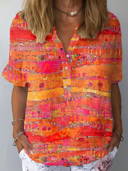 Women's Vintage Art Print Casual Cotton And Linen 3/4 Sleeve Shirt
