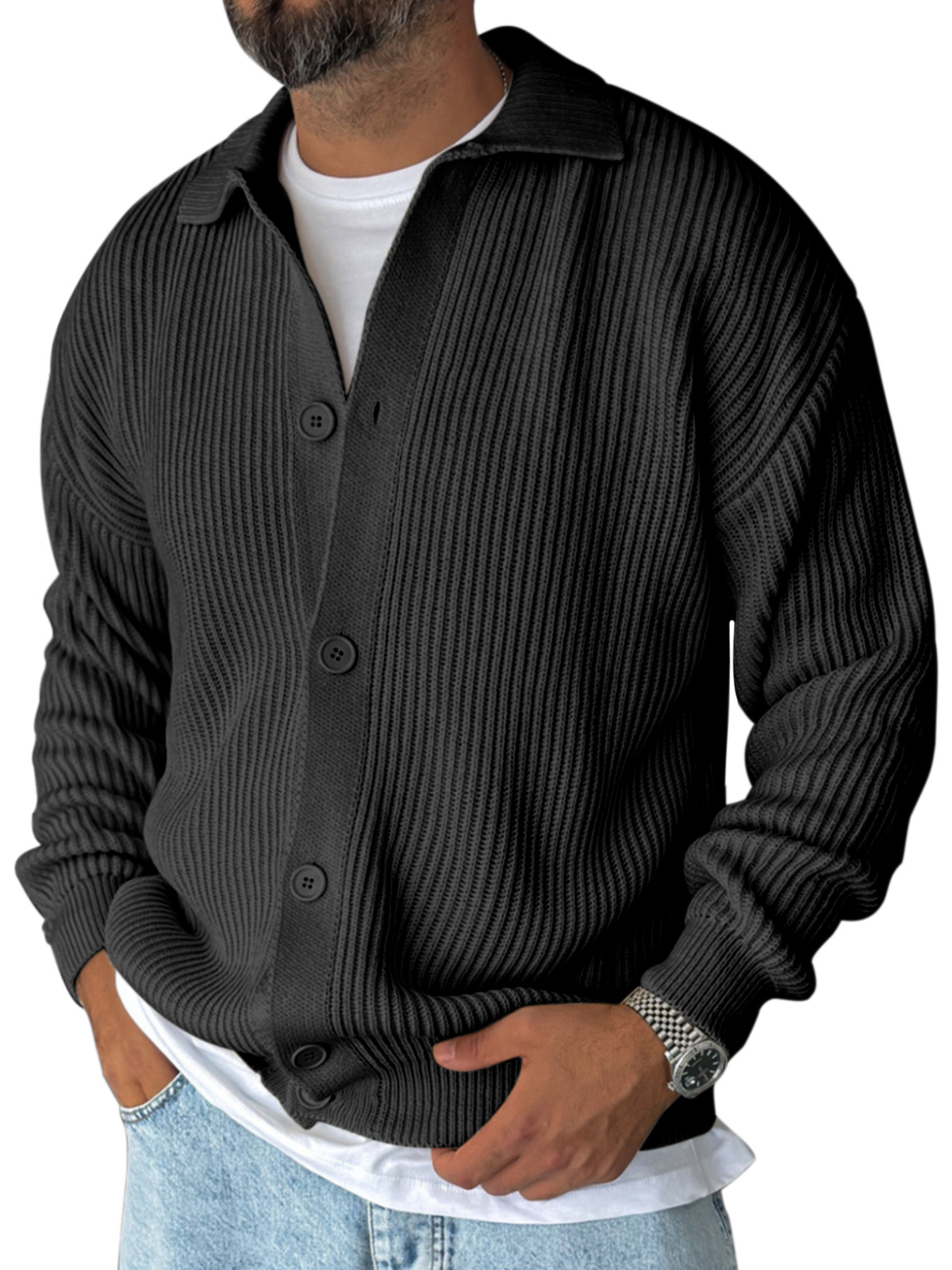 Versatile Men's Lapel Solid Color Loose Long-sleeved Knitted Cardigan 