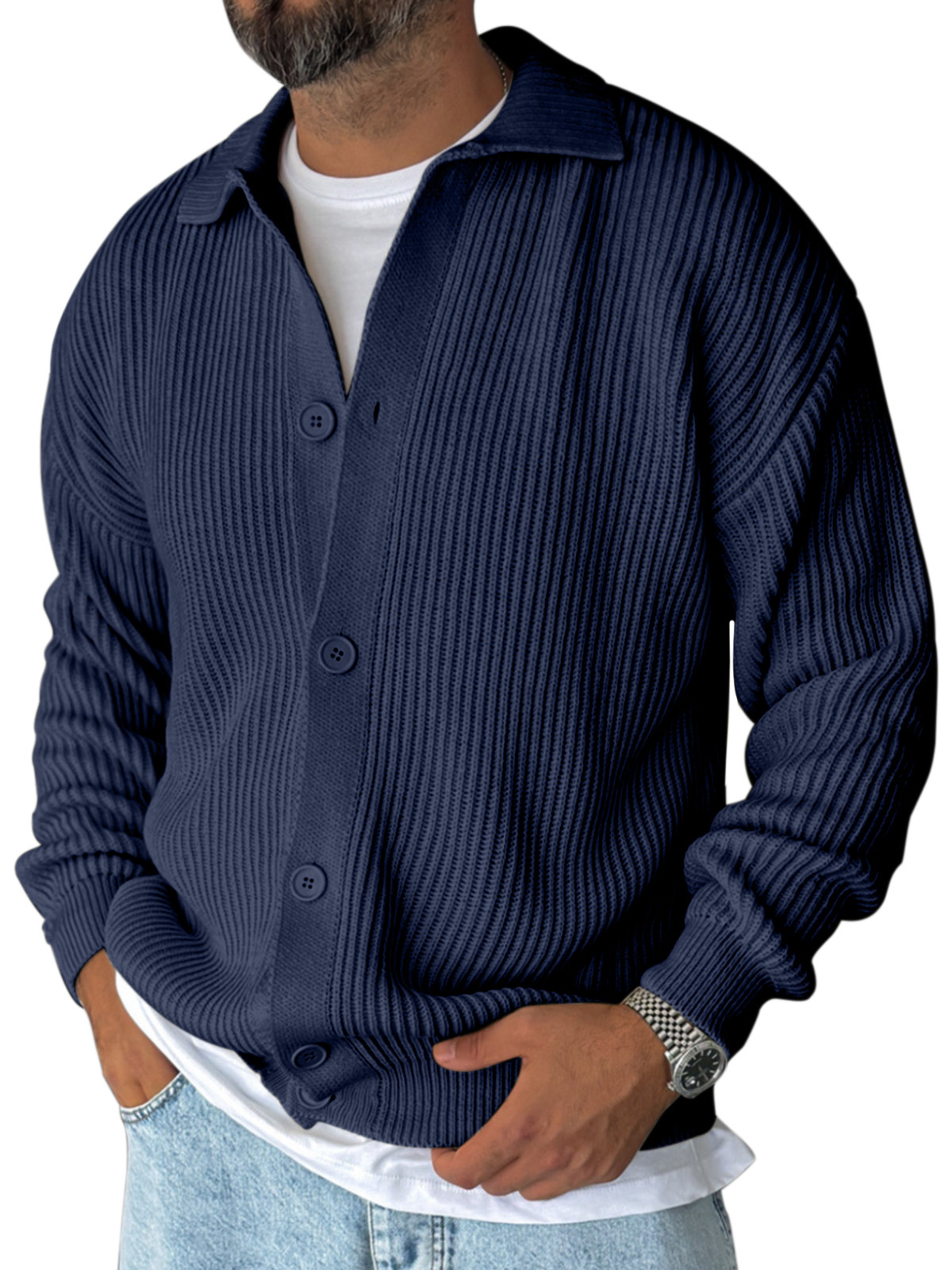 Versatile Men's Lapel Solid Color Loose Long-sleeved Knitted Cardigan 