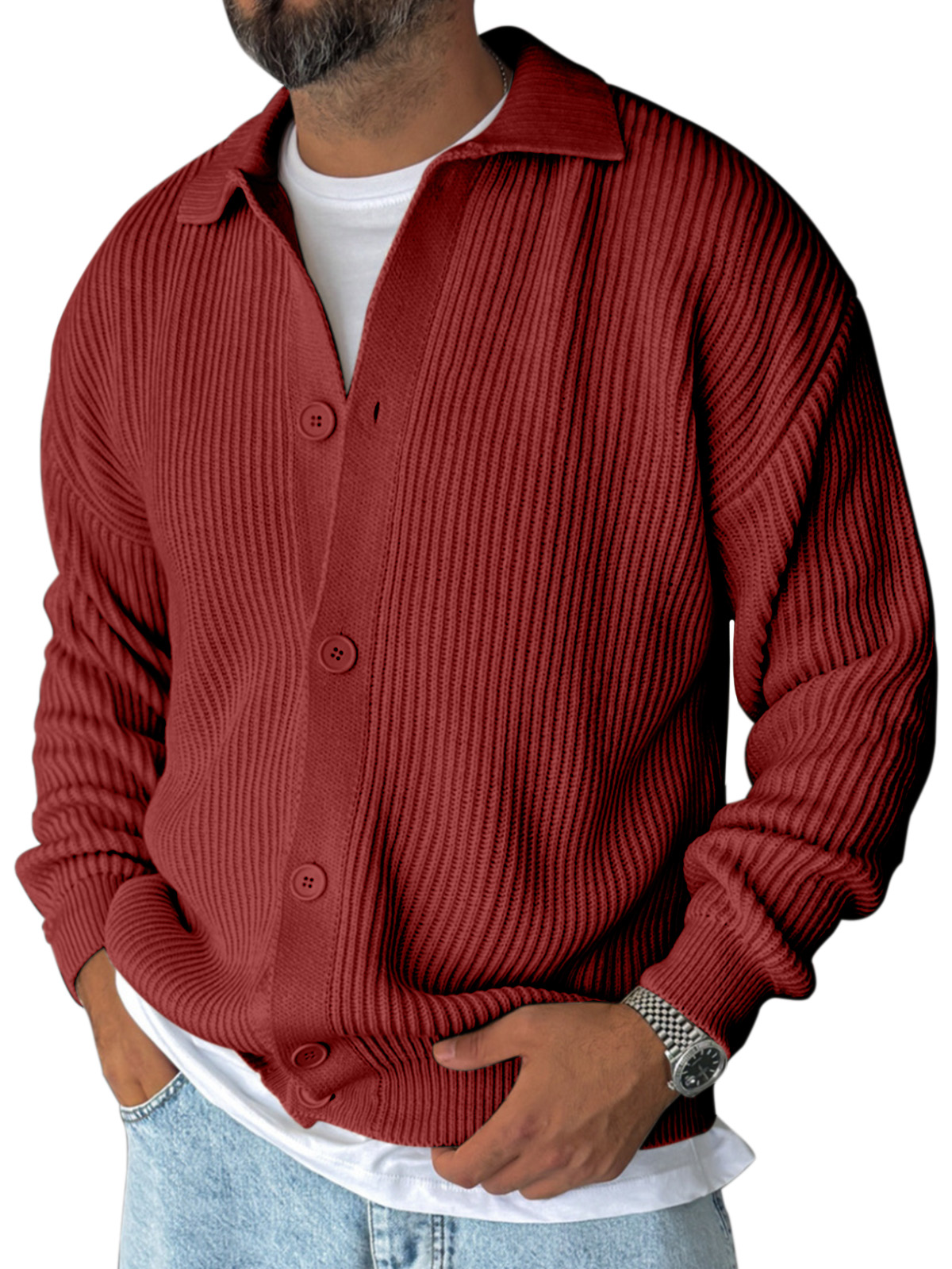 Versatile Men's Lapel Solid Color Loose Long-sleeved Knitted Cardigan 