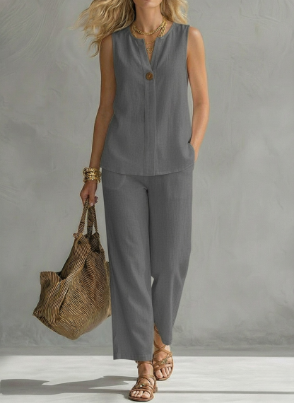 New Arrivals🔥Women's Cotton-linen Sleeveless V-neck Top And Pants Set