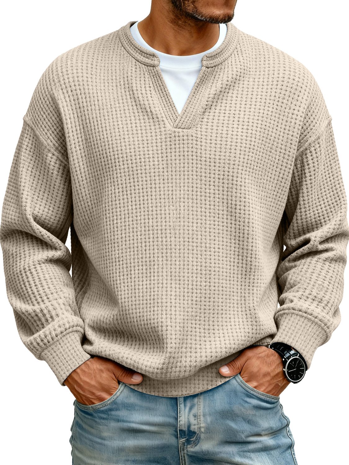 Men's Simple Waffle V-neck Fake Two-piece Casual Long-sleeved T-shirt
