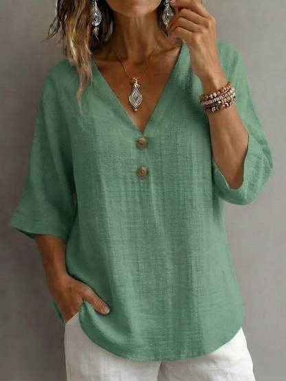 Women's V-neck Short-sleeve Cotton Linen Shirt