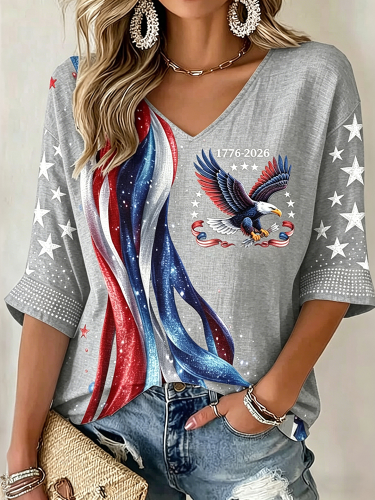 Women's Flag Floral Print V-neck Linen T-shirt