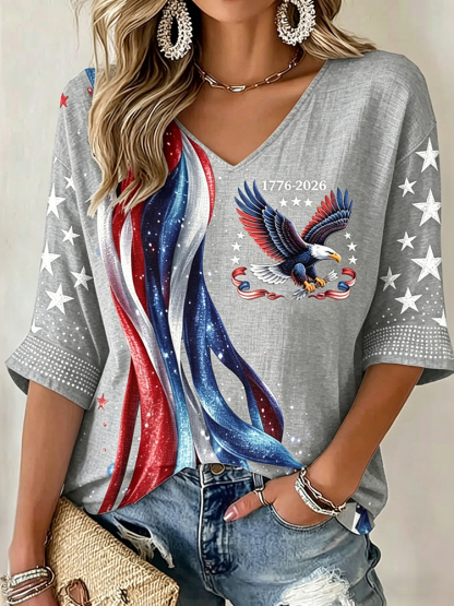Women's Flag Floral Print V-neck Linen T-shirt