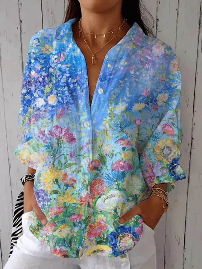 Women's Casual Half-Sleeve Shirt with Botanical Floral Print