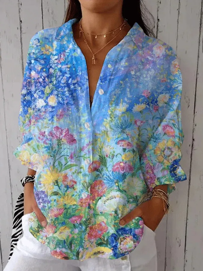 Women's Casual Half-Sleeve Shirt with Botanical Floral Print