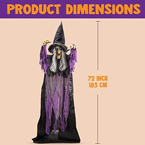 Halloween hanging witch decoration, outdoor flying talking ghost decoration, eyes that light up, voice-activated, indoor and outdoor haunted house prop, suitable for lawns, patios, and gardens, purple.