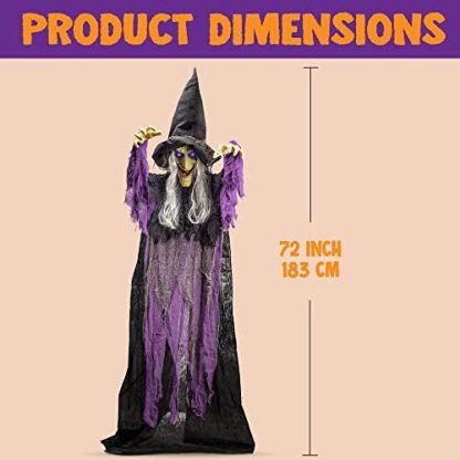 Halloween hanging witch decoration, outdoor flying talking ghost decoration, eyes that light up, voice-activated, indoor and outdoor haunted house prop, suitable for lawns, patios, and gardens, purple.