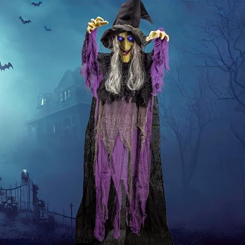 Halloween hanging witch decoration, outdoor flying talking ghost decoration, eyes that light up, voice-activated, indoor and outdoor haunted house prop, suitable for lawns, patios, and gardens, purple.
