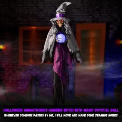 Halloween electronic animated decoration, hanging talking witch, animated witch with sound and motion activation, scary sound effects, glowing crystal ball and eyes, suitable for indoor and outdoor haunted house props.