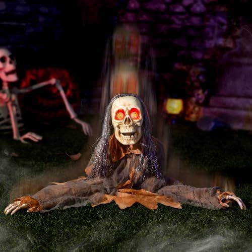 Halloween mechanical zombie groundbreaker decoration, animated zombie prop with glowing red eyes, scary sound effects and movable head/body, voice-activated outdoor haunted house/cemetery decoration.