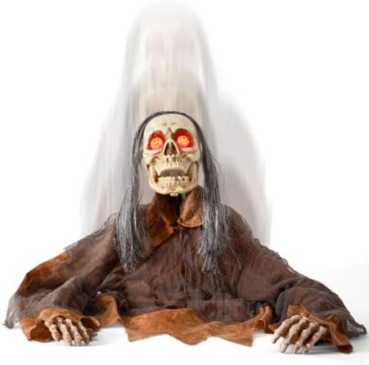 Halloween mechanical zombie groundbreaker decoration, animated zombie prop with glowing red eyes, scary sound effects and movable head/body, voice-activated outdoor haunted house/cemetery decoration.