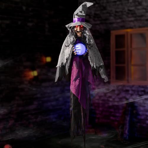 Halloween electronic animated decoration, hanging talking witch, animated witch with sound and motion activation, scary sound effects, glowing crystal ball and eyes, suitable for indoor and outdoor haunted house props.