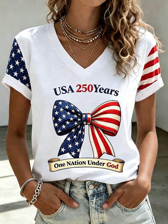 Women's USA 250 Years One Nation Under God Print V Neck T-shirt