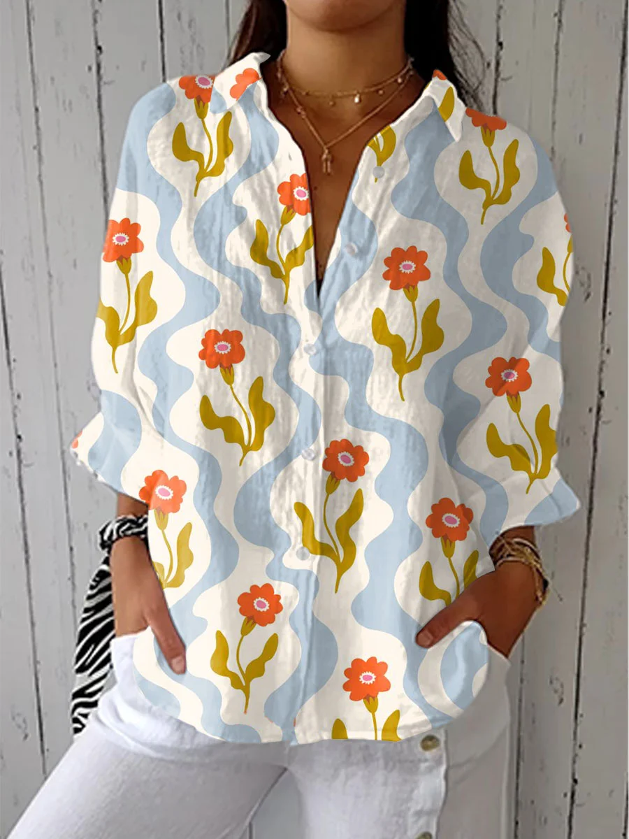 Women's Vintage Abstract Floral Art Print Linen V-Neck Shirt