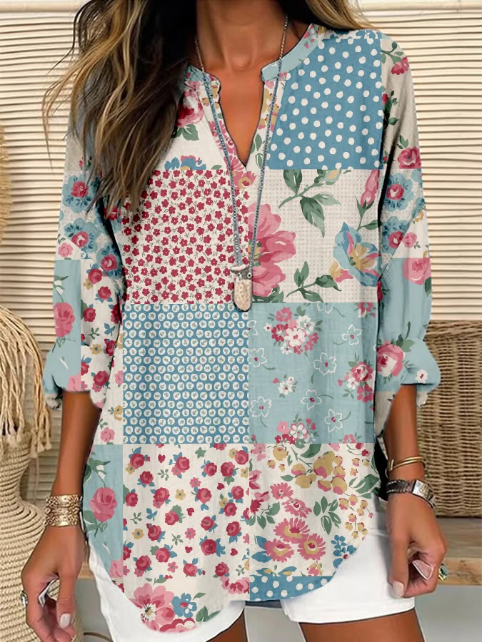Women's Cotton Retro Color-block Floral Art Print Neck Solid Color Loose Beach Shirt