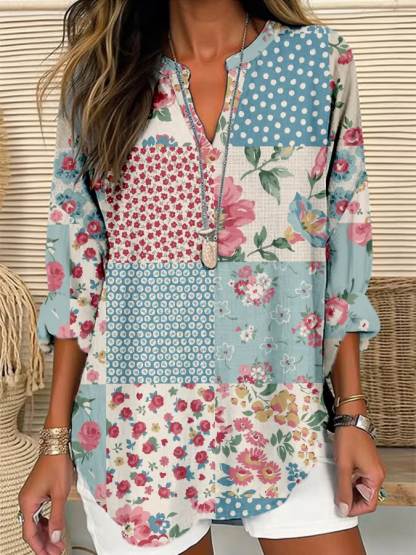 Women's Cotton Retro Color-block Floral Art Print Neck Solid Color Loose Beach Shirt