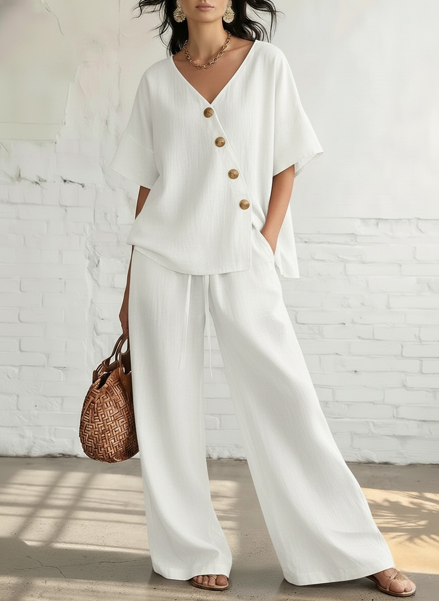 New Arrivals🔥Women's Cozy & Elegant Metal Buttons Cotton-linen Two-piece Set