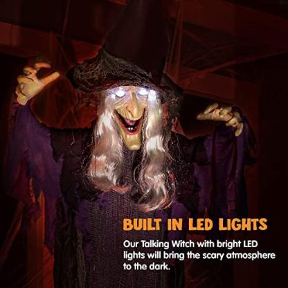 Halloween hanging witch decoration, outdoor flying talking ghost decoration, eyes that light up, voice-activated, indoor and outdoor haunted house prop, suitable for lawns, patios, and gardens, purple.