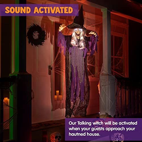 Halloween hanging witch decoration, outdoor flying talking ghost decoration, eyes that light up, voice-activated, indoor and outdoor haunted house prop, suitable for lawns, patios, and gardens, purple.