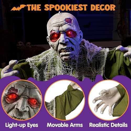 Halloween animated zombie demolition outdoor decoration, with glowing eyes, a spooky electronic animation decoration, and movable arms. Suitable for Halloween party props and outdoor decorations for lawns, patios, and courtyards.