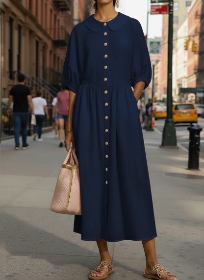 New Arrivals🔥Women's Comfortable Peter Pan Collar Button Loose Linen and Cotton Dress
