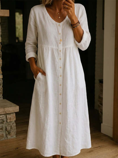 Casual Linen Cotton Button Dress