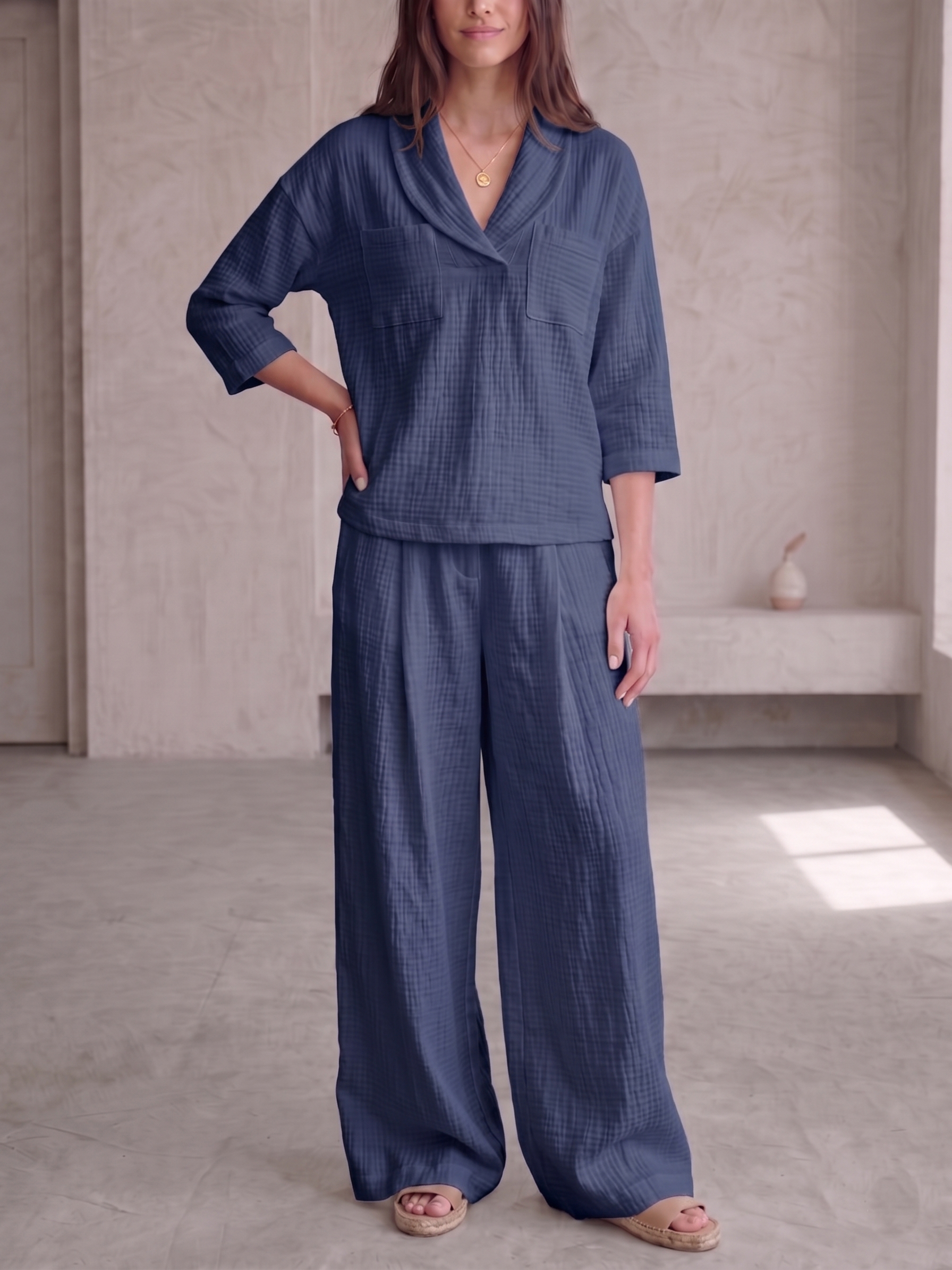 Clearance Sale🔥 Women's Peter Pan Collar V-Neck 3/4-Sleeve Cotton-Linen Two-Piece Set